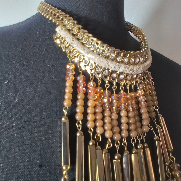 Elegant Cleopatra Gold-Tone and Brown/Iridescent Beaded Necklace - Picture 9 of 11